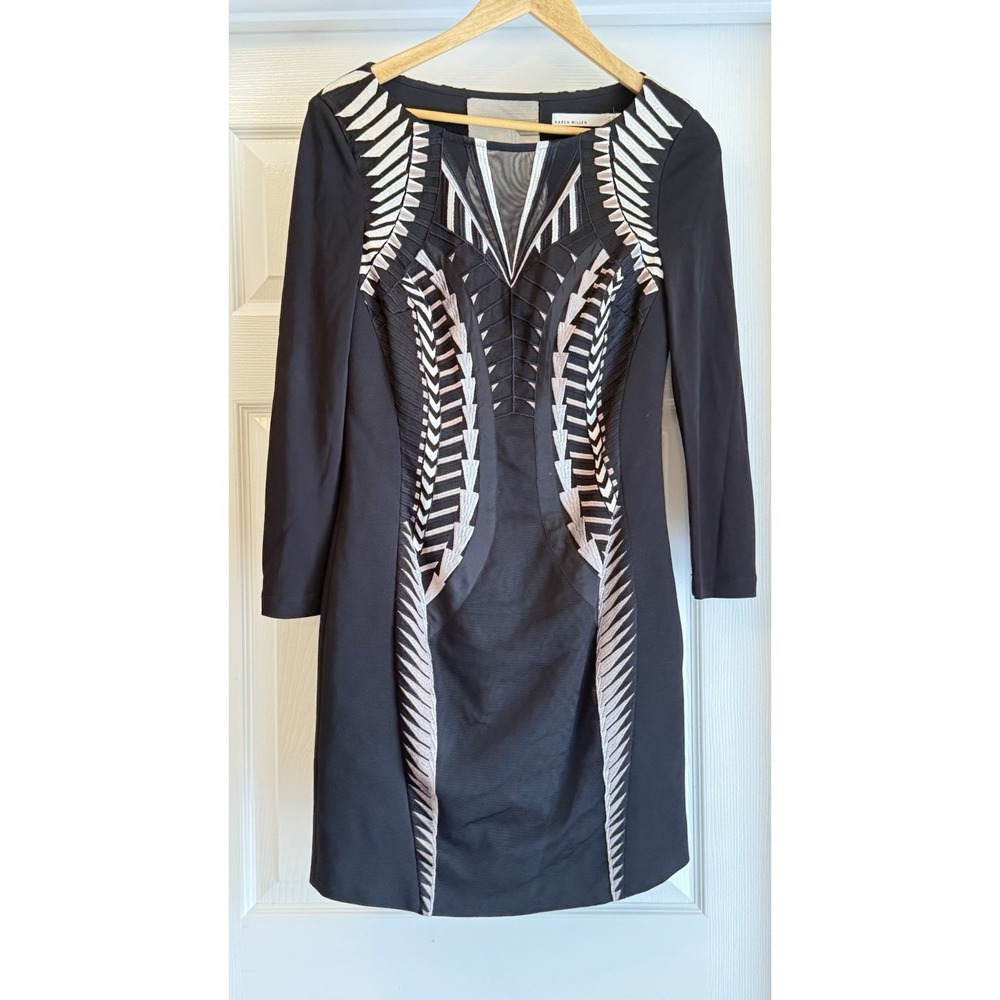 Karen Millen Dress Womens 8 Black Silver Geometric Mesh Embroidered DP094 A12W